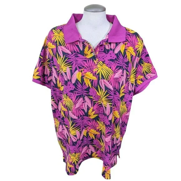 Lands End Womens Cotton Mesh Polo Shirt 2X Fuchsia Tropical Floral Short Sleeve - Picture 2 of 7